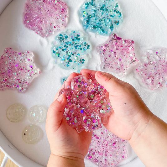 Resin Snowflakes, glitter, preschool, toddler, toys, Christmas, winter, handmade, stocking filler, sensory, loose parts, childminder, eyfs