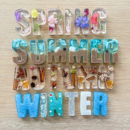 All Four Seasons Resin Topic Word Set, Spring, Summer, Autumn, Winter, glitter, sensory, learning, preschool, toddler, toys, phonics