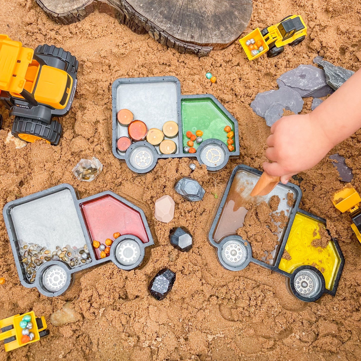 Construction Truck themed sensory tray