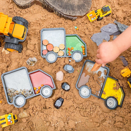 Construction Truck themed sensory tray