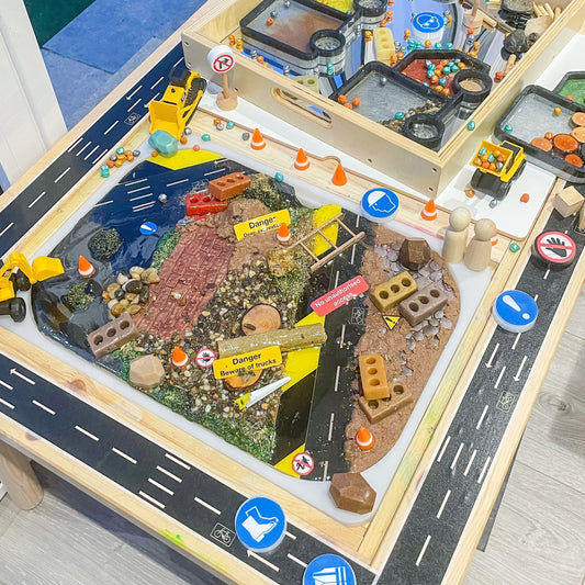Builders’ Yard Construction Site Themed Resin Tray for Flisat Table, Tractor, Bricks, Sensory Play Messy Toy Imaginative Small World